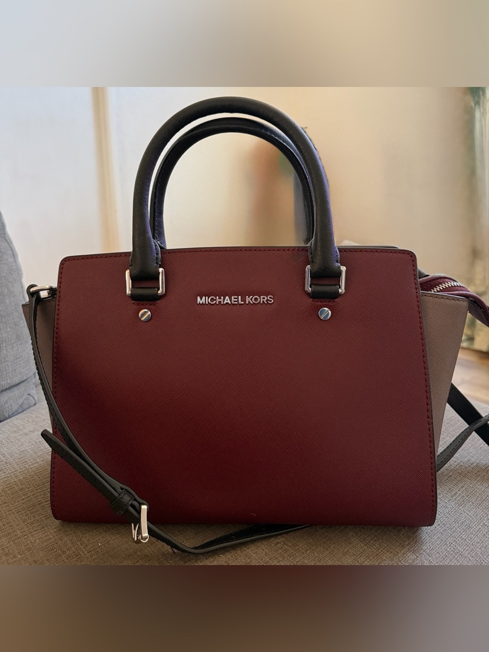 Michael Kors Selma Medium Satchel in a colorblock design.